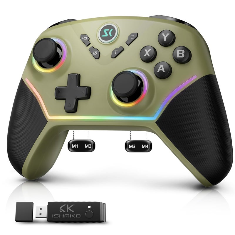 ISHAKO Wireless PC Controller, Hall Effect Gaming Controller with 1000Hz Polling Rate, 3-Stage Adjustable Triggers, 4 Macro Back Buttons, Bluetooth/2.4G/Wired Gamepad Compatible with Windows PC, Switch, iOS, Android, Steam Deck - Green - Image 1